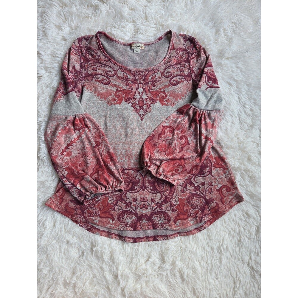 World Unity Top L Long Billow Sleeves Red Gray Paisly